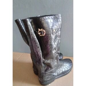 Black Croc Embossed Rain Boots with Apple Charm Gold Buckle Accent